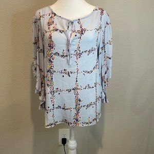 Lauren Conrad Light Blue Floral Bell Sleeve Blouse